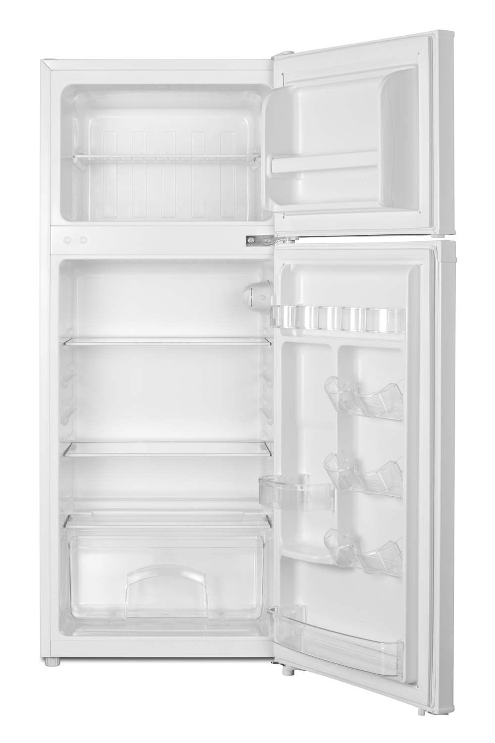 Two-door ENERGY STAR certified refrigerator-freezer in an ADA compliant height with all-white design, user-reversible doors, manual defrost, and dial thermostat